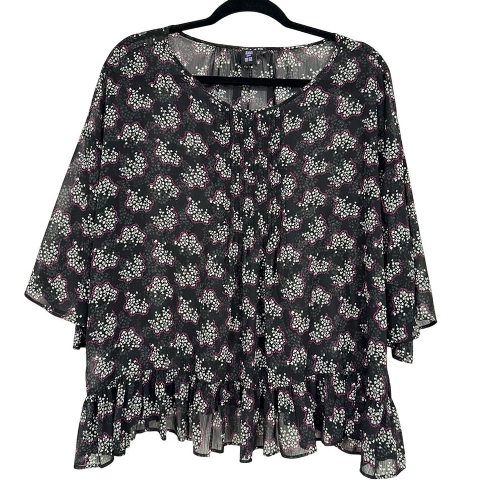Anna Sui Black Ditsy Floral Blouse Womens L Sheer Boho Peplum Long Sleeve Top